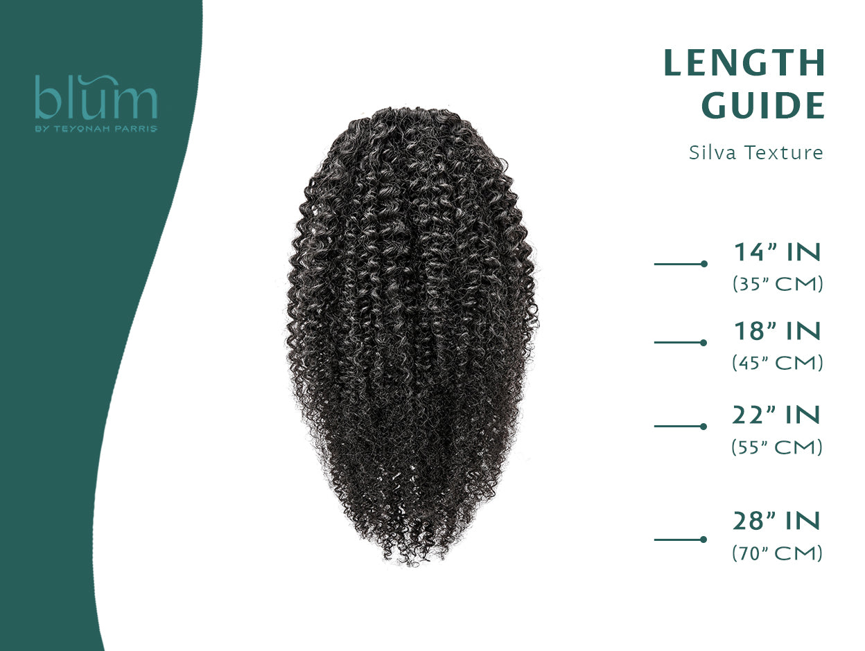 Length guide for Dio and Silva Ponytails, showcasing varying lengths of sleek and kinky-coily textures for personalized styling