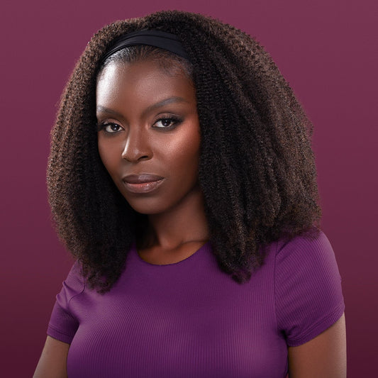 Onye Headband Wig with springy, tightly coiled texture, paired with a headband for easy, textured, and bold hairstyles.