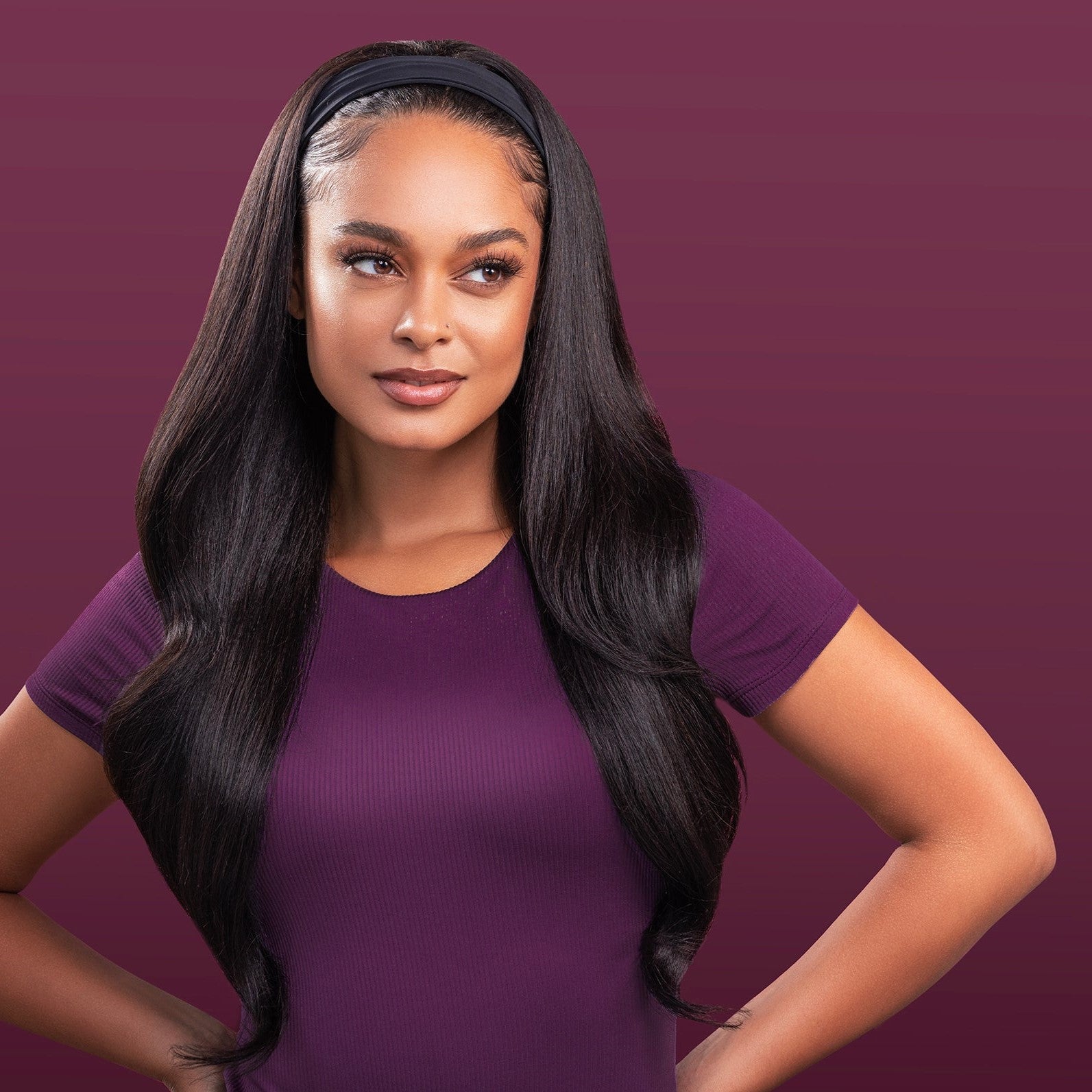 Dio Headband Wig featuring silky straight hair with a sleek finish and an attached headband for an effortless and stylish look.